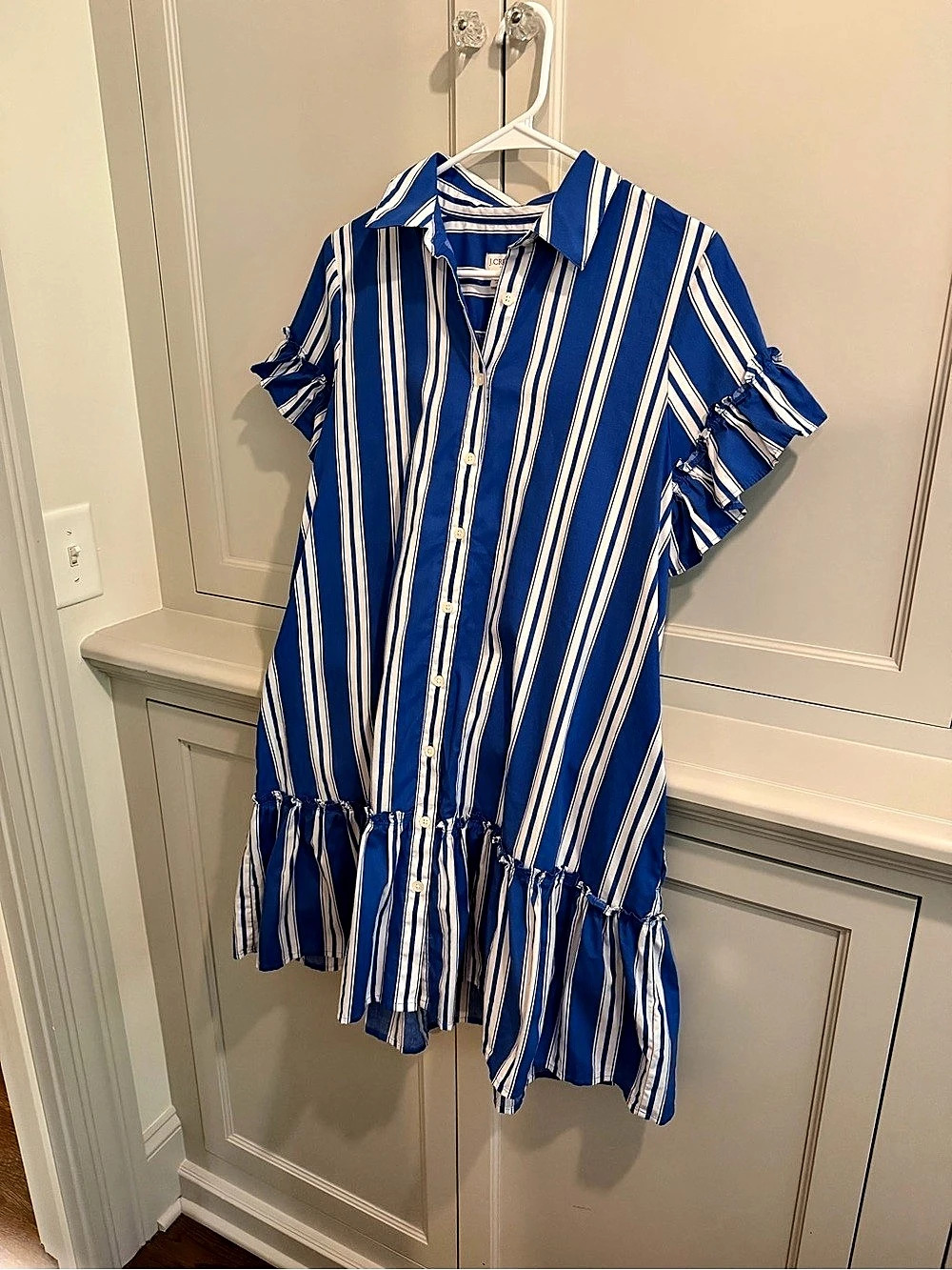 J.Crew Striped Ruffle-Sleeve Mini Dress in Blue